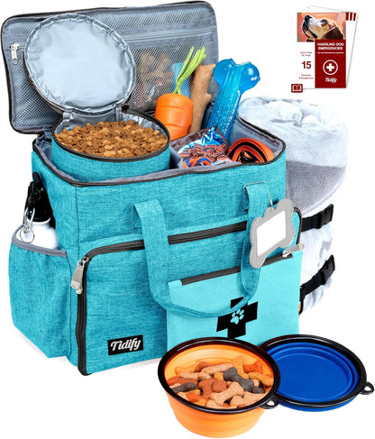 Dog Travel Bag Airline Approved Travel Set for Dog and Cat Tote Organizer with Multi Function Pockets, 2 Food Containers and Collapsible Bowls, Weekend Away Dog Bag for Travel Accessories - Blue