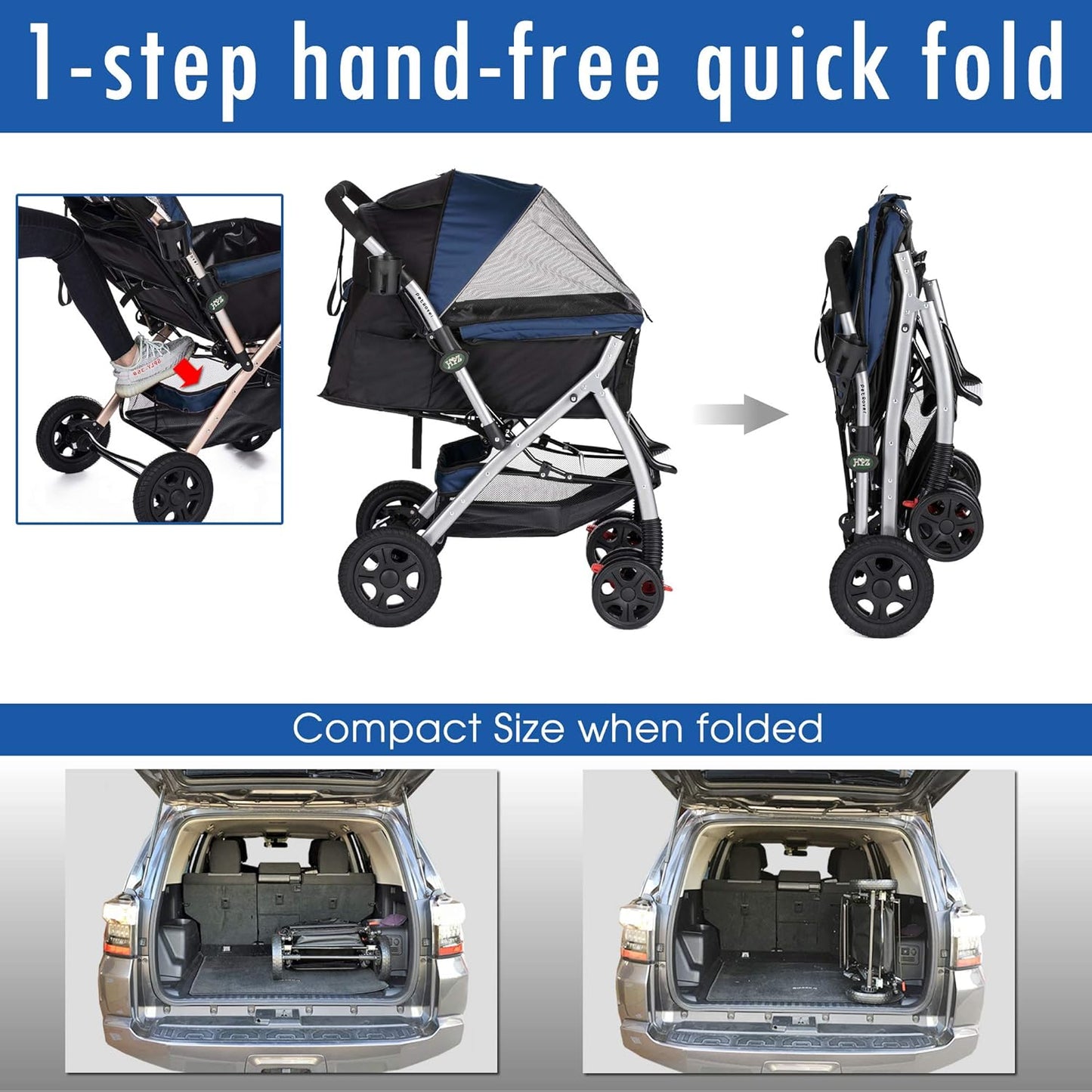 Pet Rover Premium Heavy Duty Dog/Cat/Pet Stroller Travel Carriage with Convertible Compartment/Zipperless Entry/Reversible Handle/Pump-Free Rubber Tires for Small, Medium, Large Pets-Midnight Blue